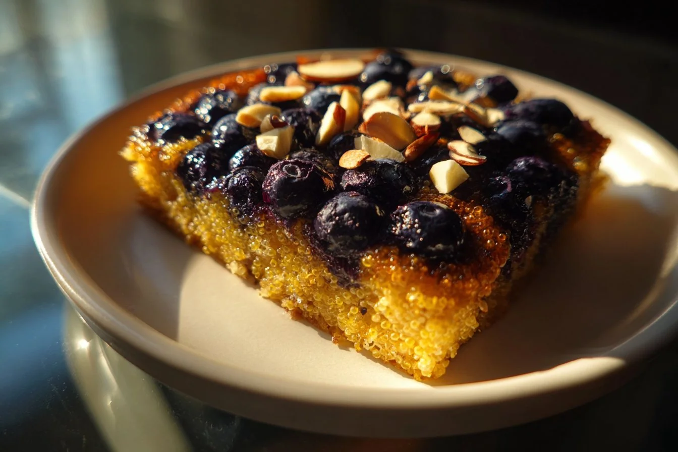 Wholesome blueberry quinoa breakfast bake topped with fresh blueberries