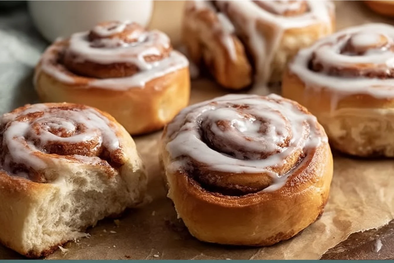 30-Minute Sourdough Discard Cinnamon Rolls on a wooden table