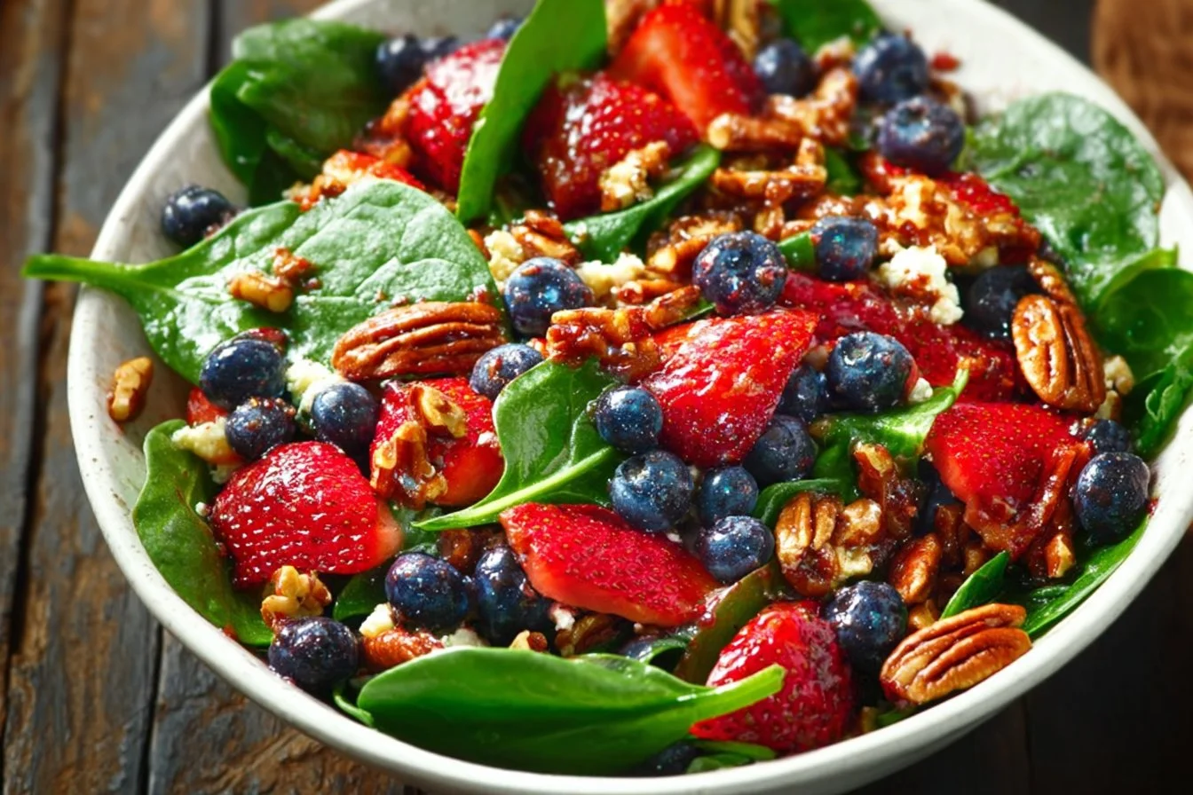 Fresh strawberry spinach salad with vibrant greens and sliced strawberries
