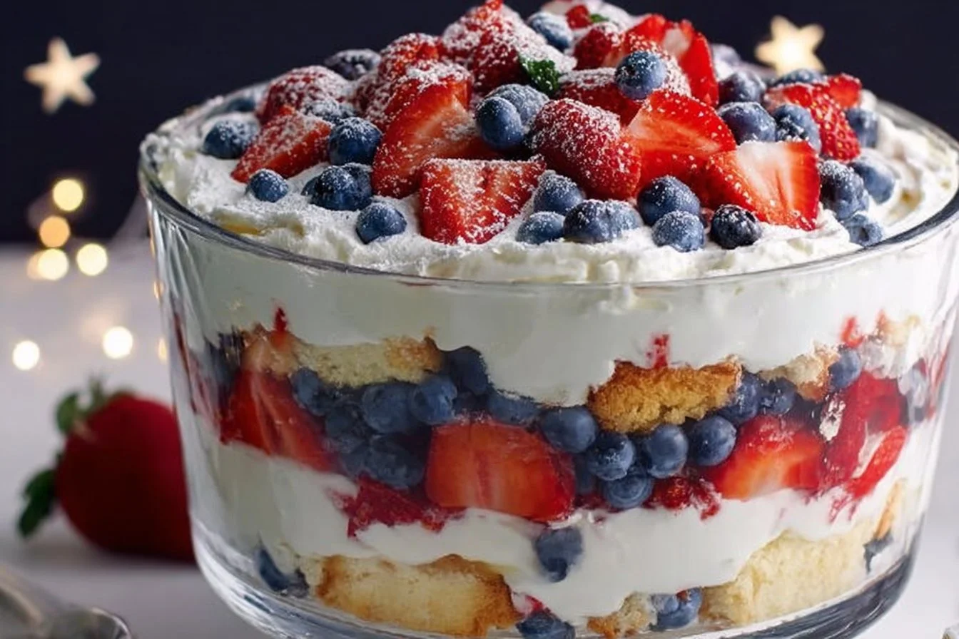4th of July trifle with layers of berries, cream, and cake in a glass bowl