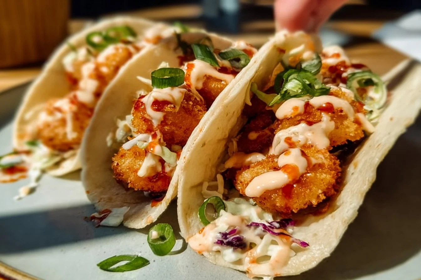 Air Fryer Bang Bang Shrimp Tacos with spicy sauce and fresh toppings