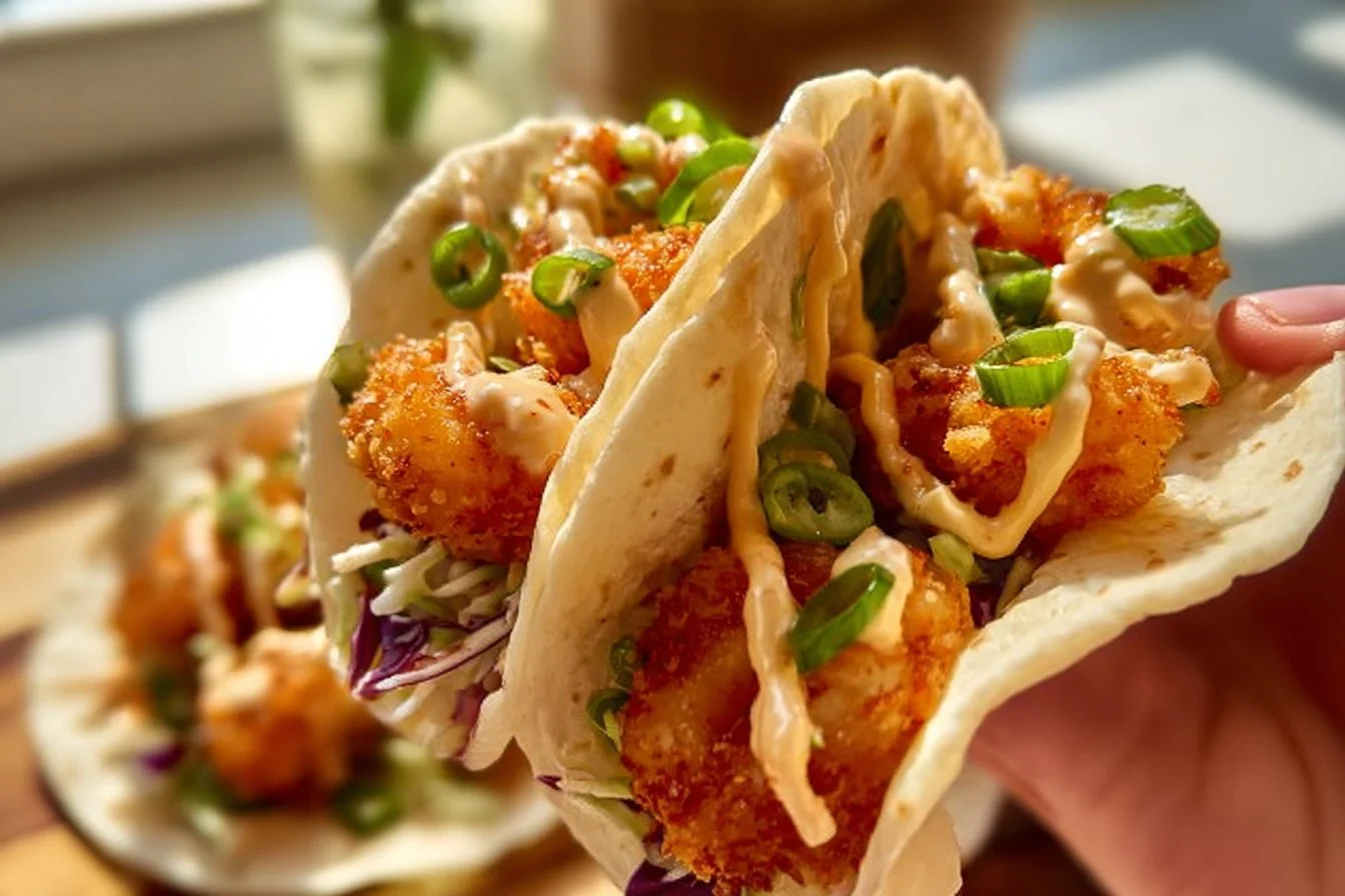 Crispy Air Fryer Bang Bang Shrimp Tacos served with fresh toppings