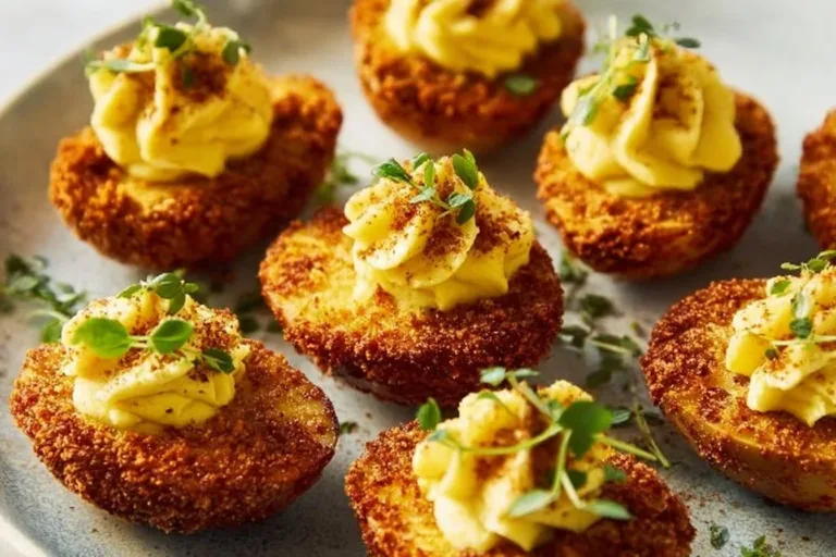 Air fryer deviled eggs garnished with paprika and herbs