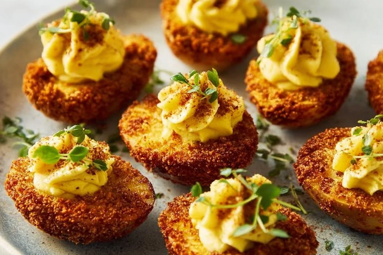 Air fryer deviled eggs garnished with paprika and herbs