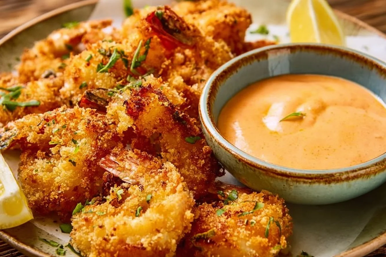Crispy air fryer popcorn shrimp served with dipping sauce