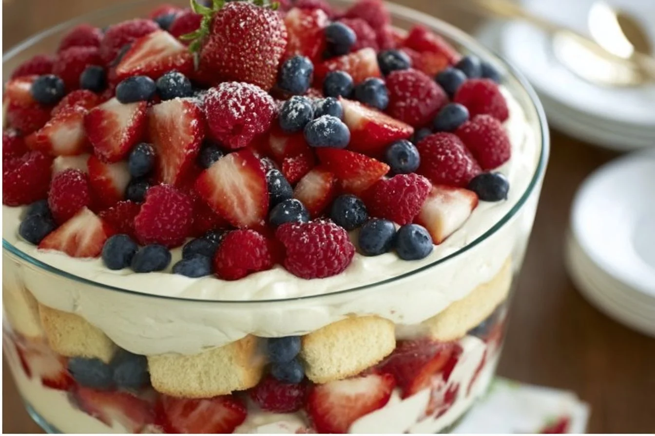 Delicious Angel Food Berry Trifle with layers of berries and cream