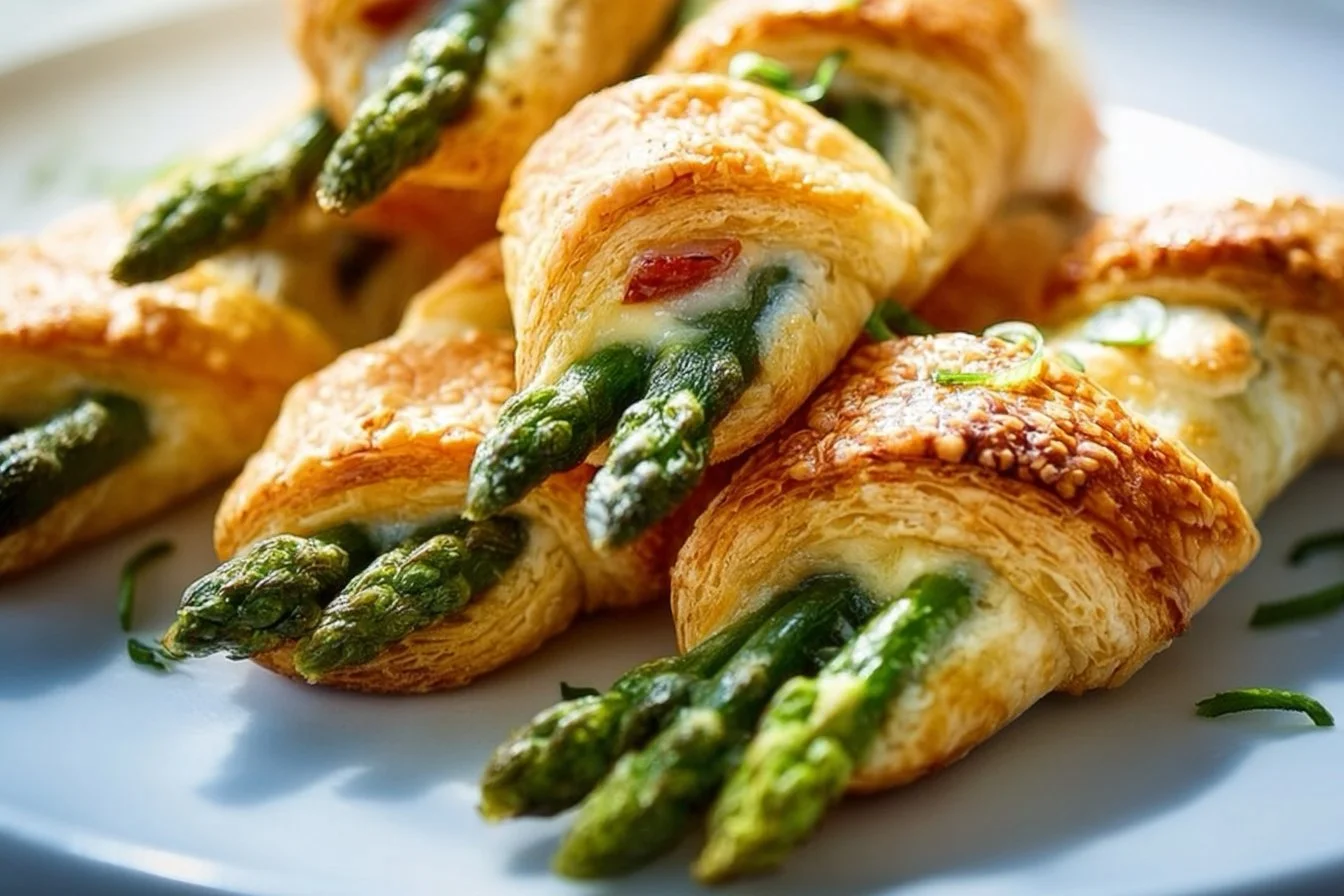 Asparagus puff pastry bundles served on a plate with garnish