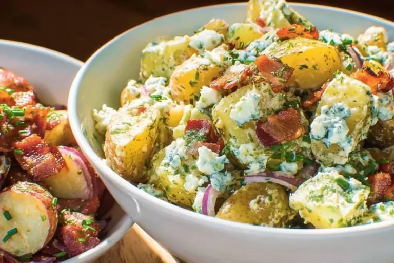 Bacon Blue Cheese Potato Salad served in a bowl