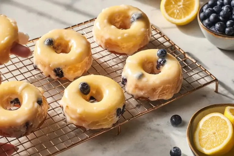 Freshly baked lemon blueberry donuts on a plate, topped with a glaze.