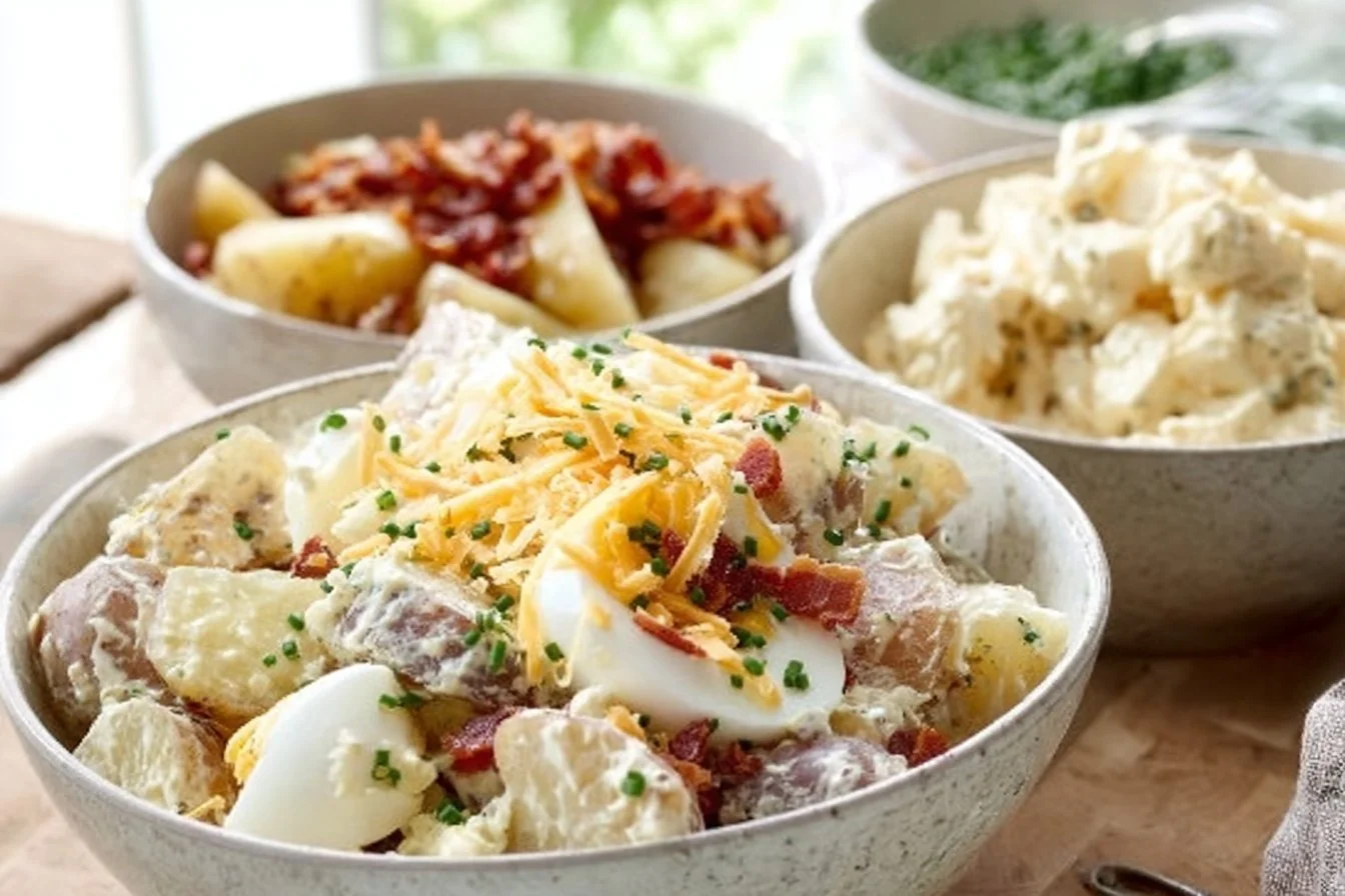 Delicious baked potato salad with toppings and herbs served in a bowl.