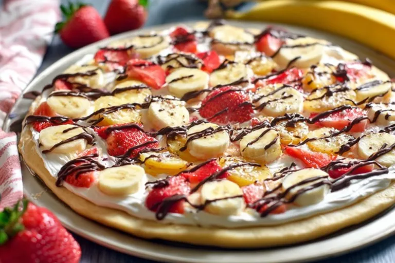Delicious banana split pizza topped with fruits and chocolate drizzle