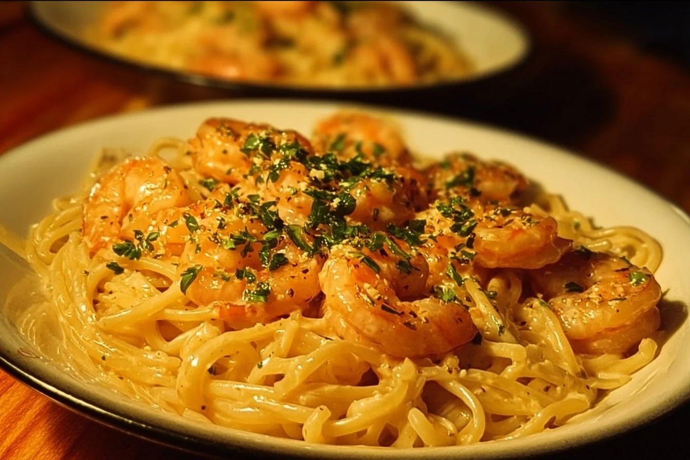 Delicious Bang Bang Shrimp Pasta topped with creamy sauce and shrimp