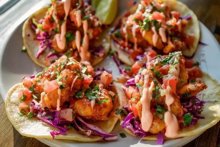 Plate of Bang Bang Shrimp Tacos topped with creamy sauce and fresh ingredients