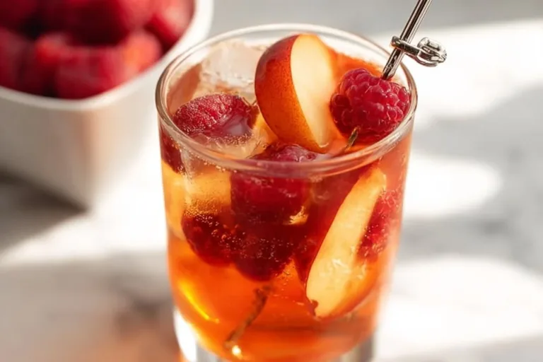 Delicious Bellini Peach Raspberry Iced Tea served in a glass with fresh peaches and raspberries.