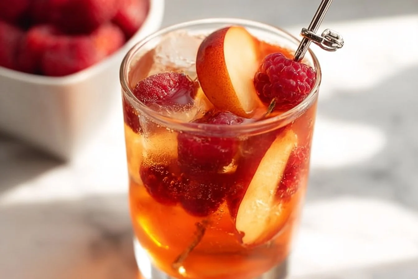 Delicious Bellini Peach Raspberry Iced Tea served in a glass with fresh peaches and raspberries.