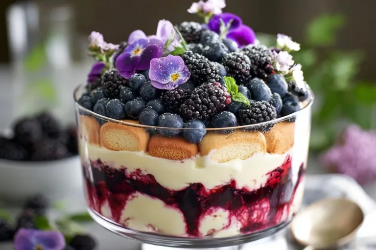 Delicious Berry Tiramisu Trifle dessert with layers of berries and mascarpone cream