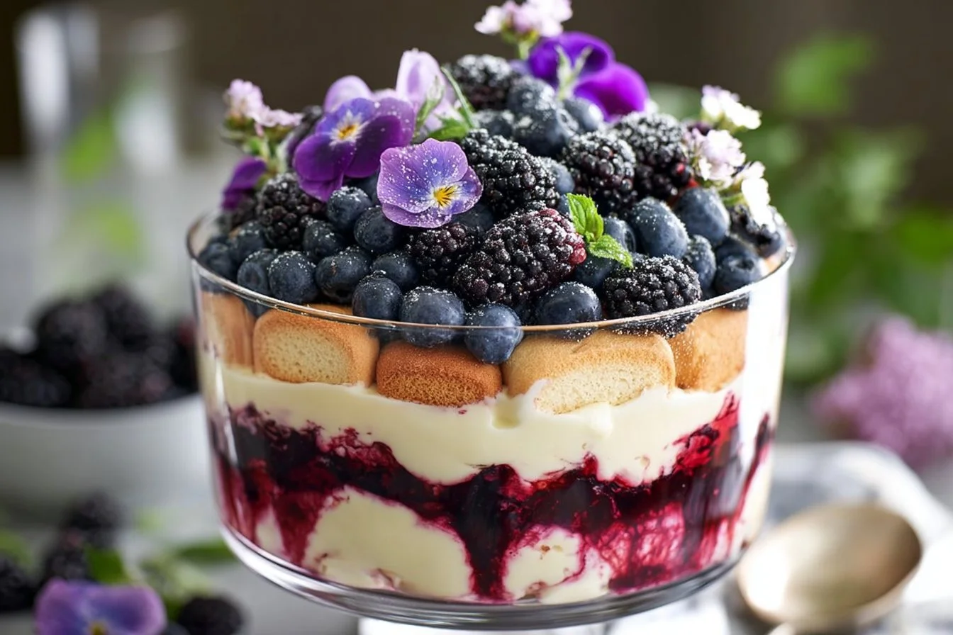 Delicious Berry Tiramisu Trifle dessert with layers of berries and mascarpone cream