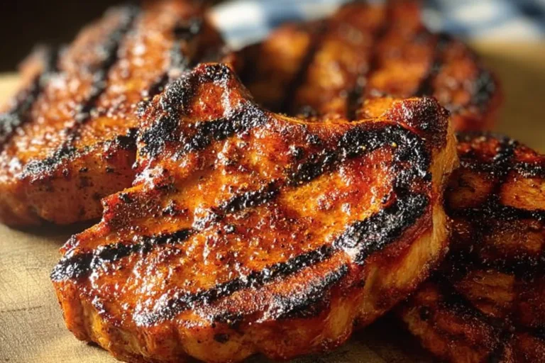Delicious grilled pork chops served on a plate with herbs and seasonings.