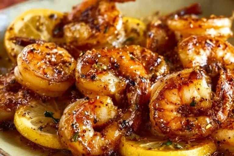 Plate of lemon garlic shrimp garnished with herbs
