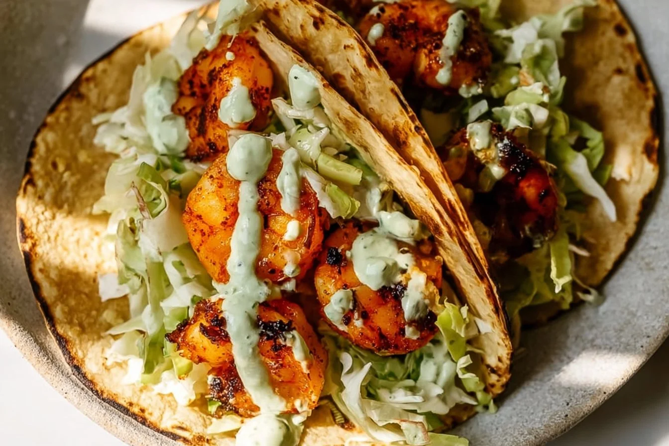 Delicious shrimp tacos with fresh toppings served on a plate
