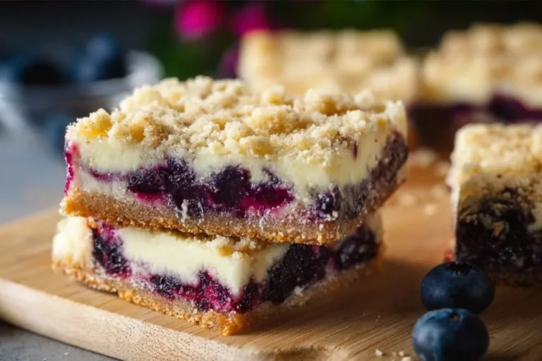 Delicious Blueberry Cream Cheese Bars with a creamy topping and fresh blueberries