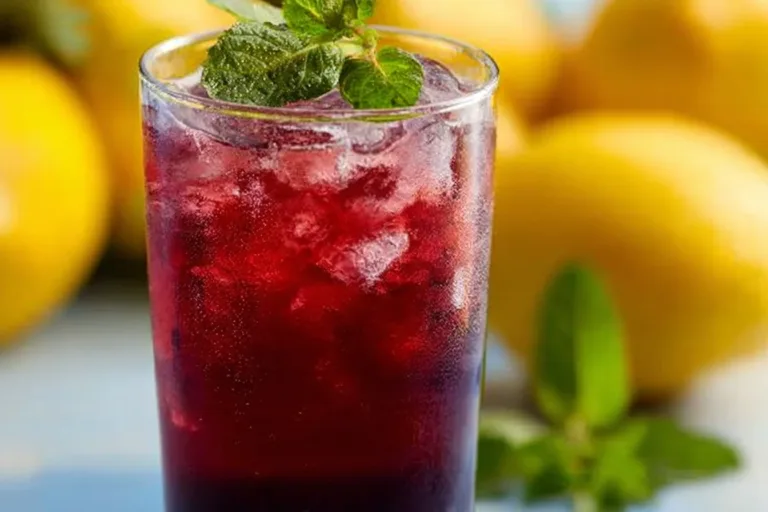A refreshing glass of blueberry lemonade with fresh blueberries and lemon slices.