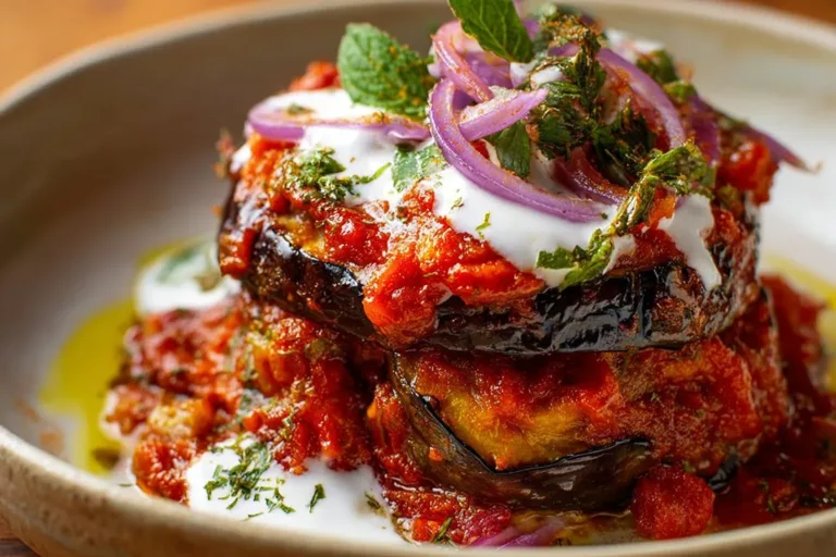 Dish of Borani Banjan with eggplant and yogurt served in a bowl