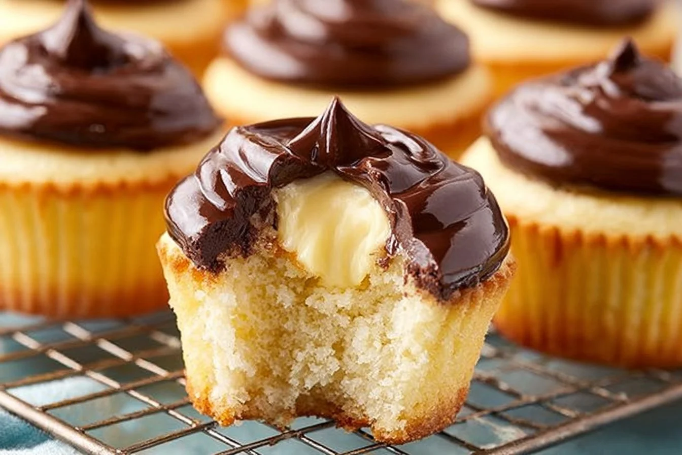 Delicious Boston Cream Pie Cupcakes topped with chocolate and cream filling