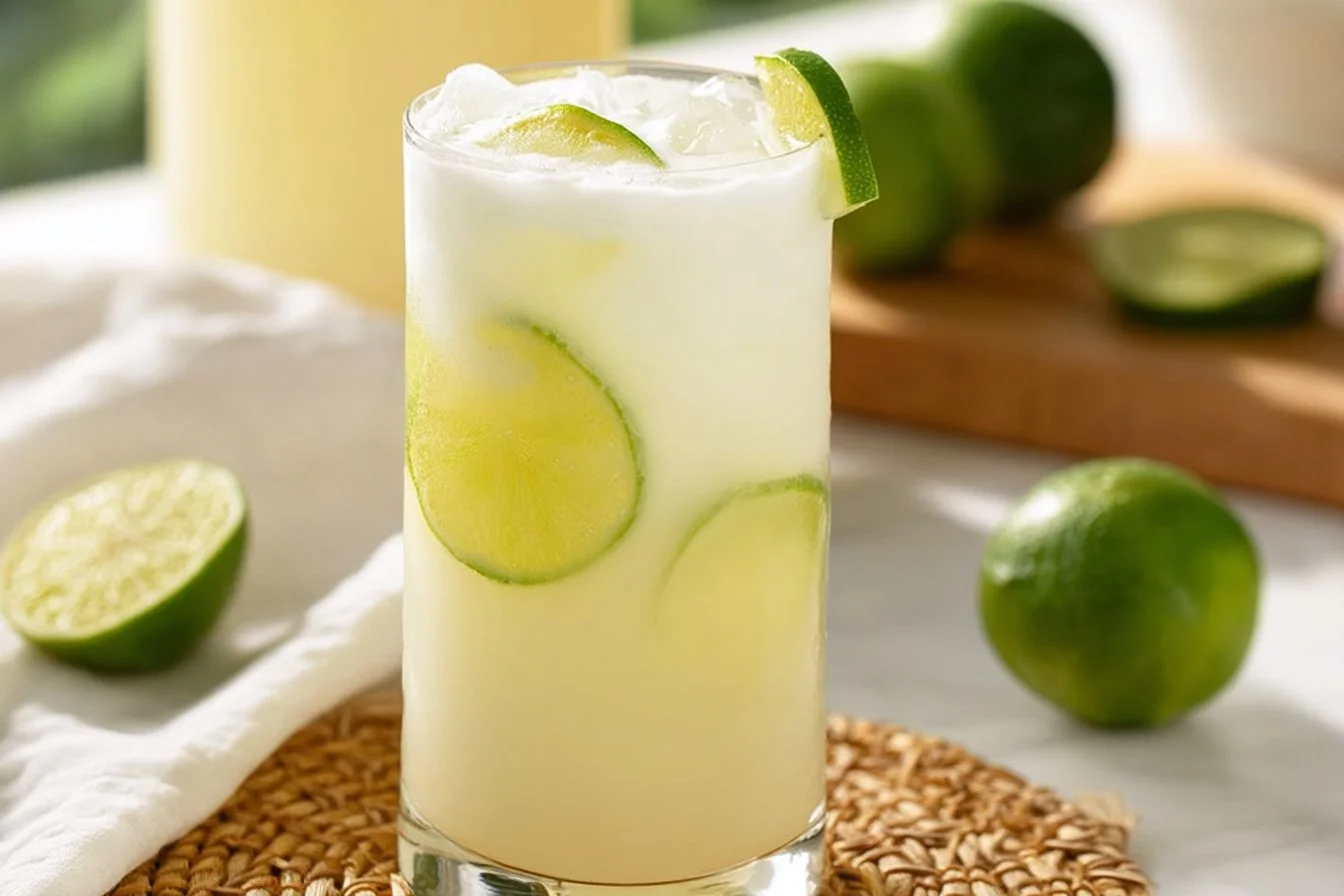 Glass of Brazilian Lemonade with limes and mint leaves