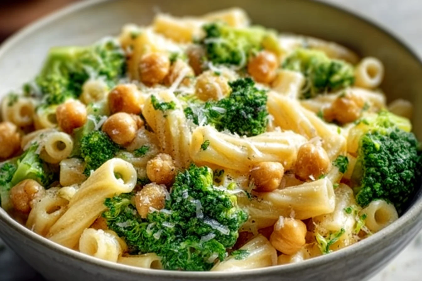 Broccoli Chickpea Pasta drizzled with garlic olive oil on a plate