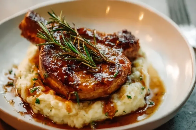 Delicious brown sugar pork chops served on a plate.