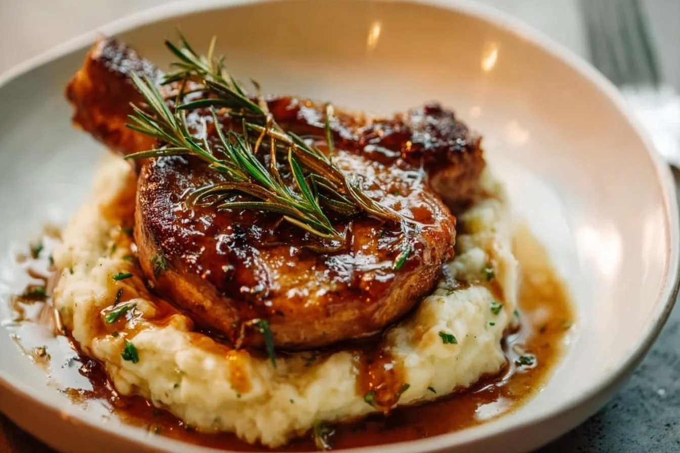 Delicious brown sugar pork chops served on a plate.