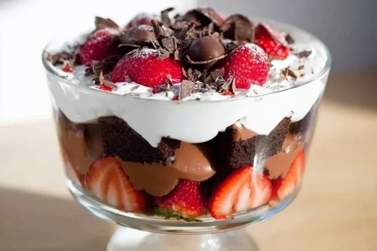 Delicious Brownie Strawberry Trifle with layers of brownies and strawberries