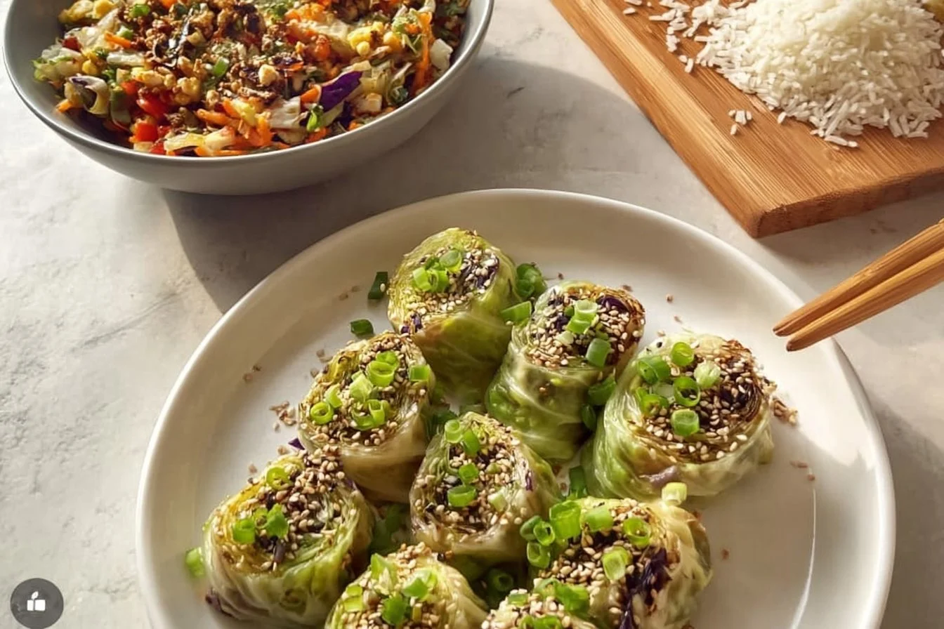 Delicious homemade cabbage dumplings served with a side of sauce