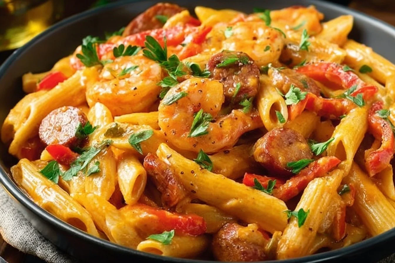 Plate of Cajun shrimp and sausage pasta garnished with herbs