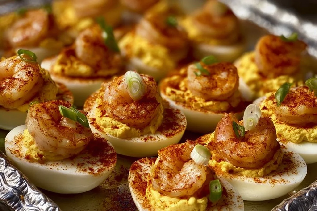 Cajun shrimp deviled eggs garnished with herbs and spices