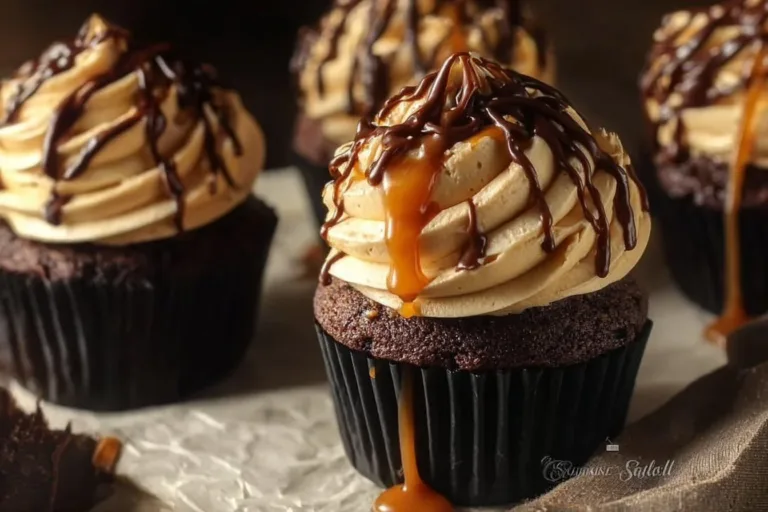 Delicious caramel chocolate cupcakes with rich chocolate frosting