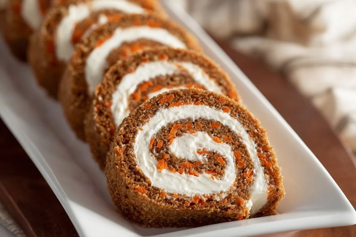 Homemade carrot cake roll with cream cheese frosting and walnuts on a plate