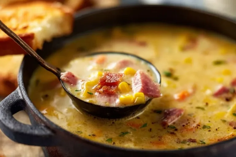 Bowl of creamy cheesy ham and potato soup garnished with herbs.
