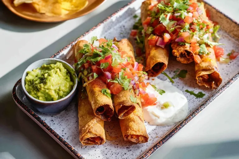 Crunchy Chicken Flautas filled with seasoned chicken, served with salsa.