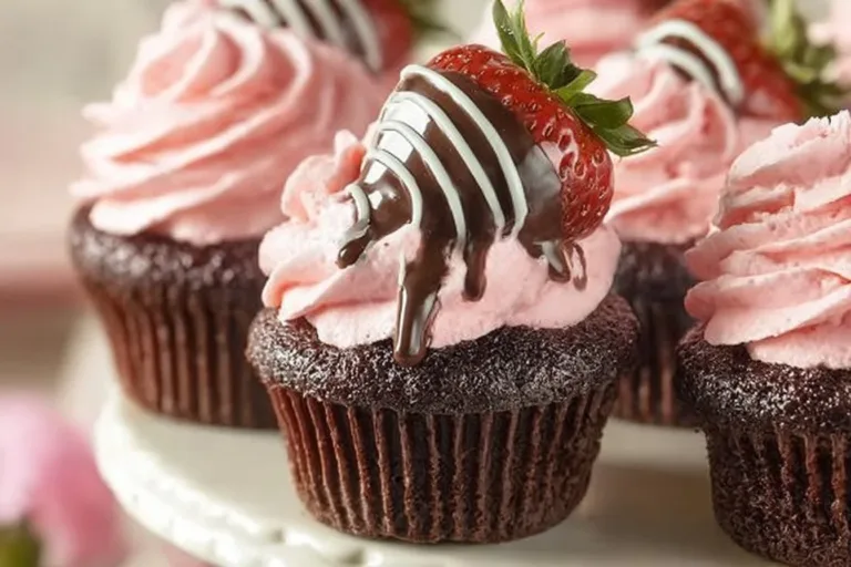 Delicious chocolate covered strawberry cupcakes topped with fresh strawberries.