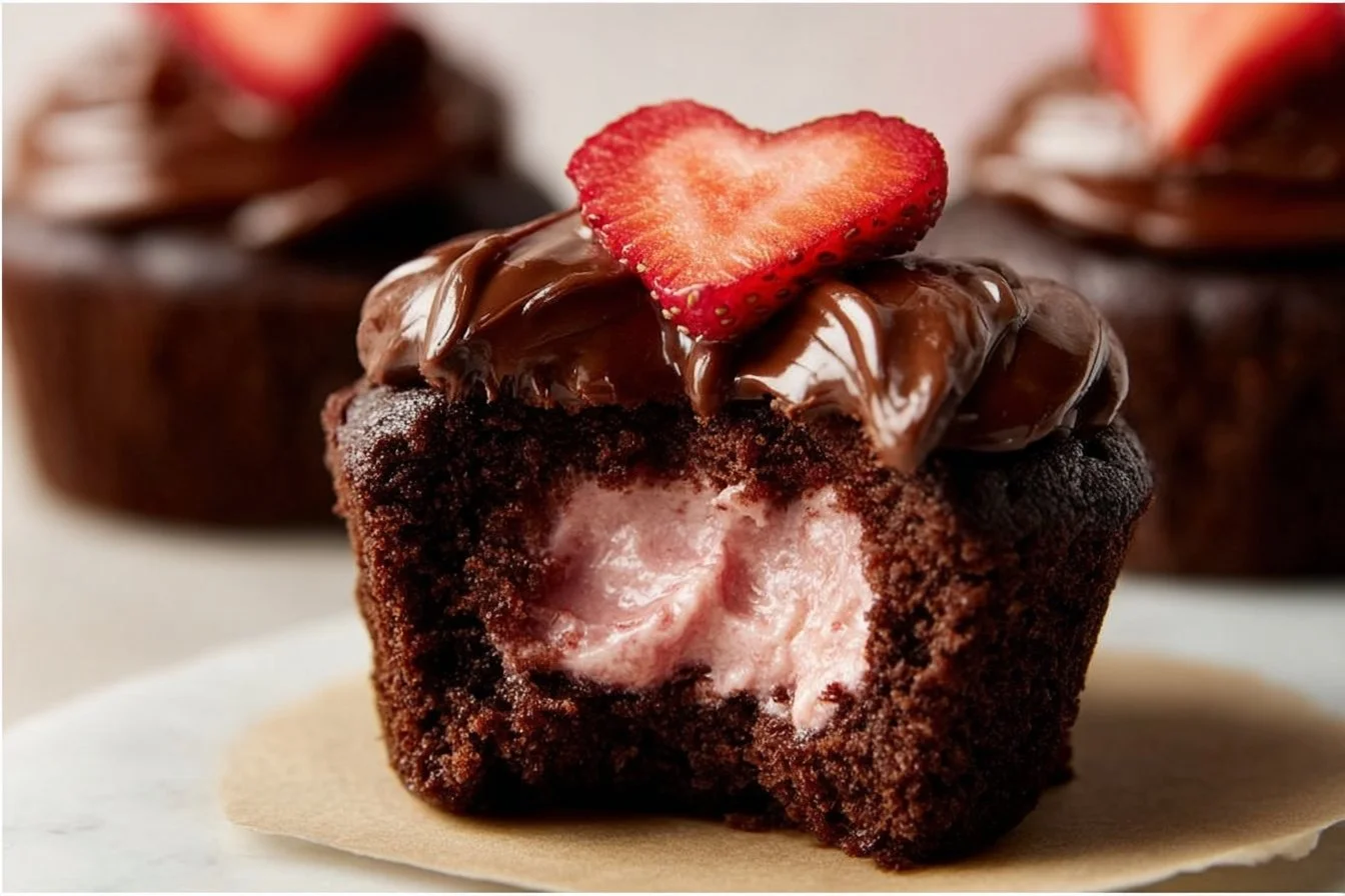 Delicious chocolate covered strawberry cupcakes decorated with fresh strawberries