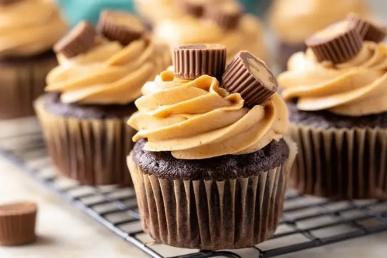 Delicious chocolate cupcakes topped with peanut butter frosting on a white plate