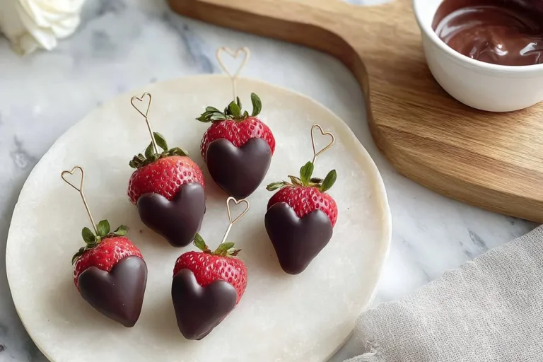 Chocolate-dipped strawberries shaped like hearts for Valentine's Day