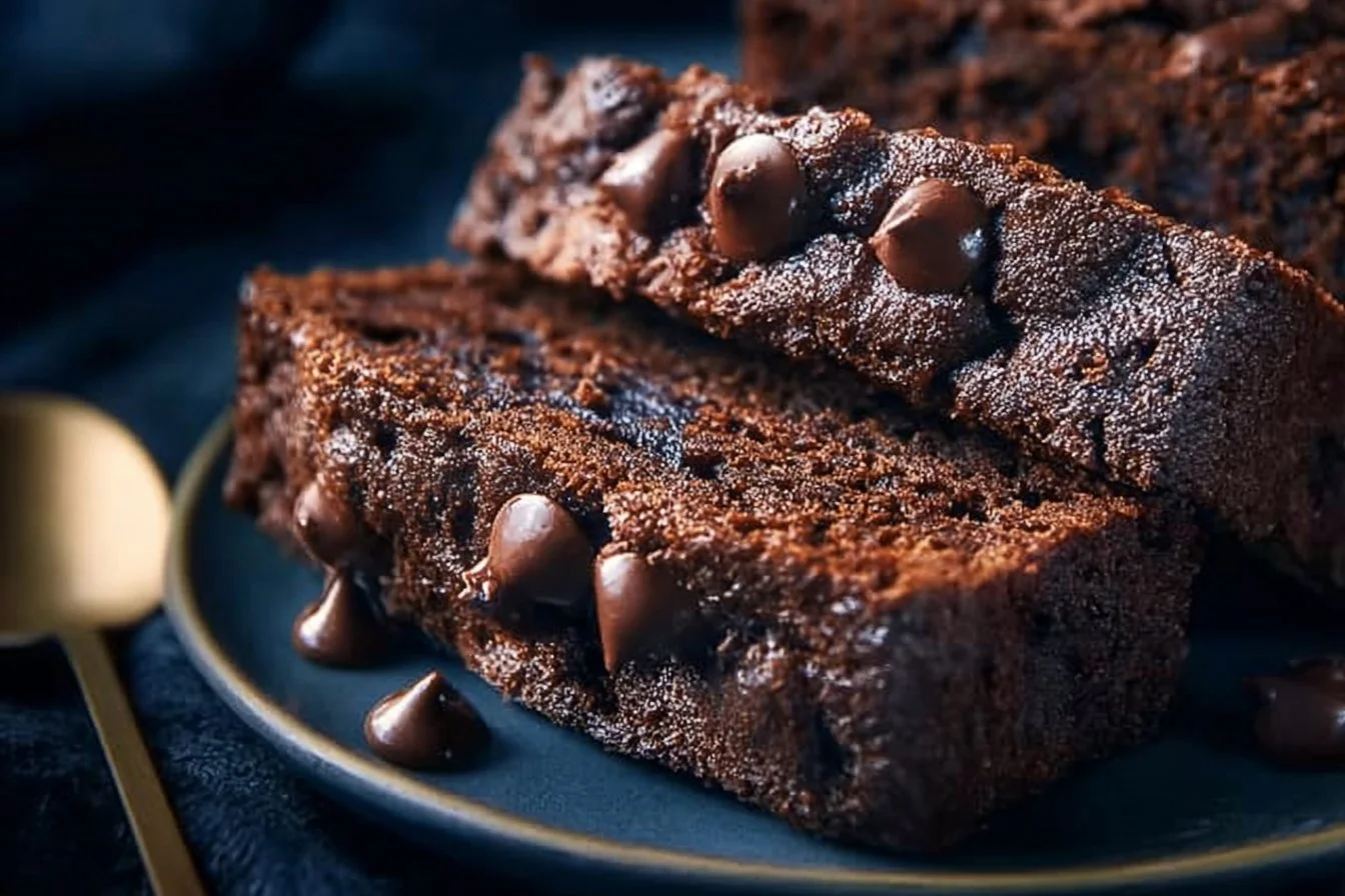 Slice of chocolate espresso banana bread topped with chocolate chips