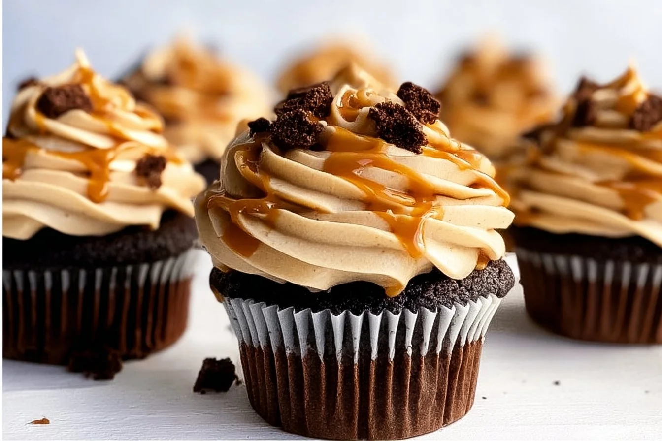 Chocolate espresso cupcakes topped with salted caramel buttercream dessert