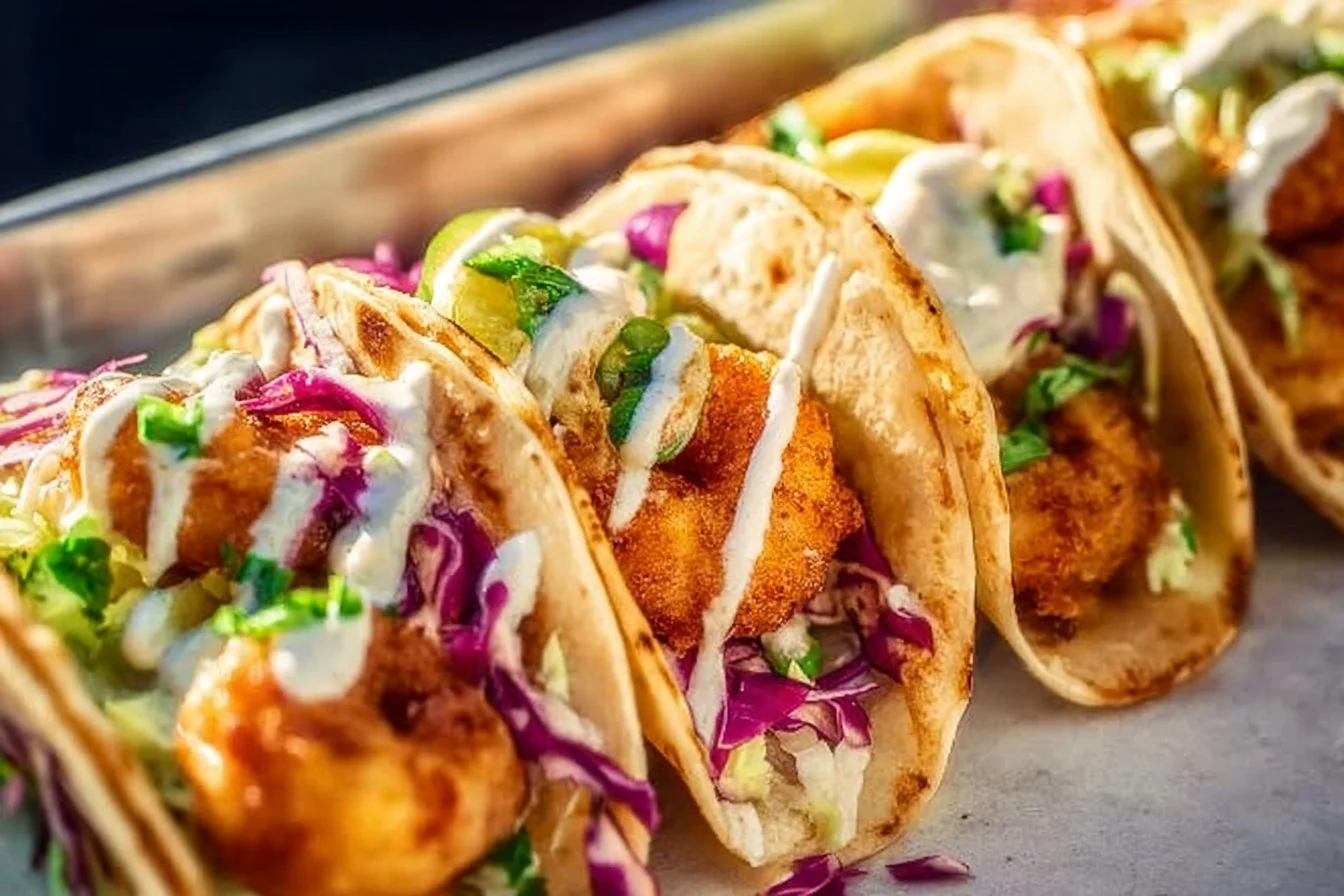 Cilantro lime shrimp tacos on a plate with fresh ingredients