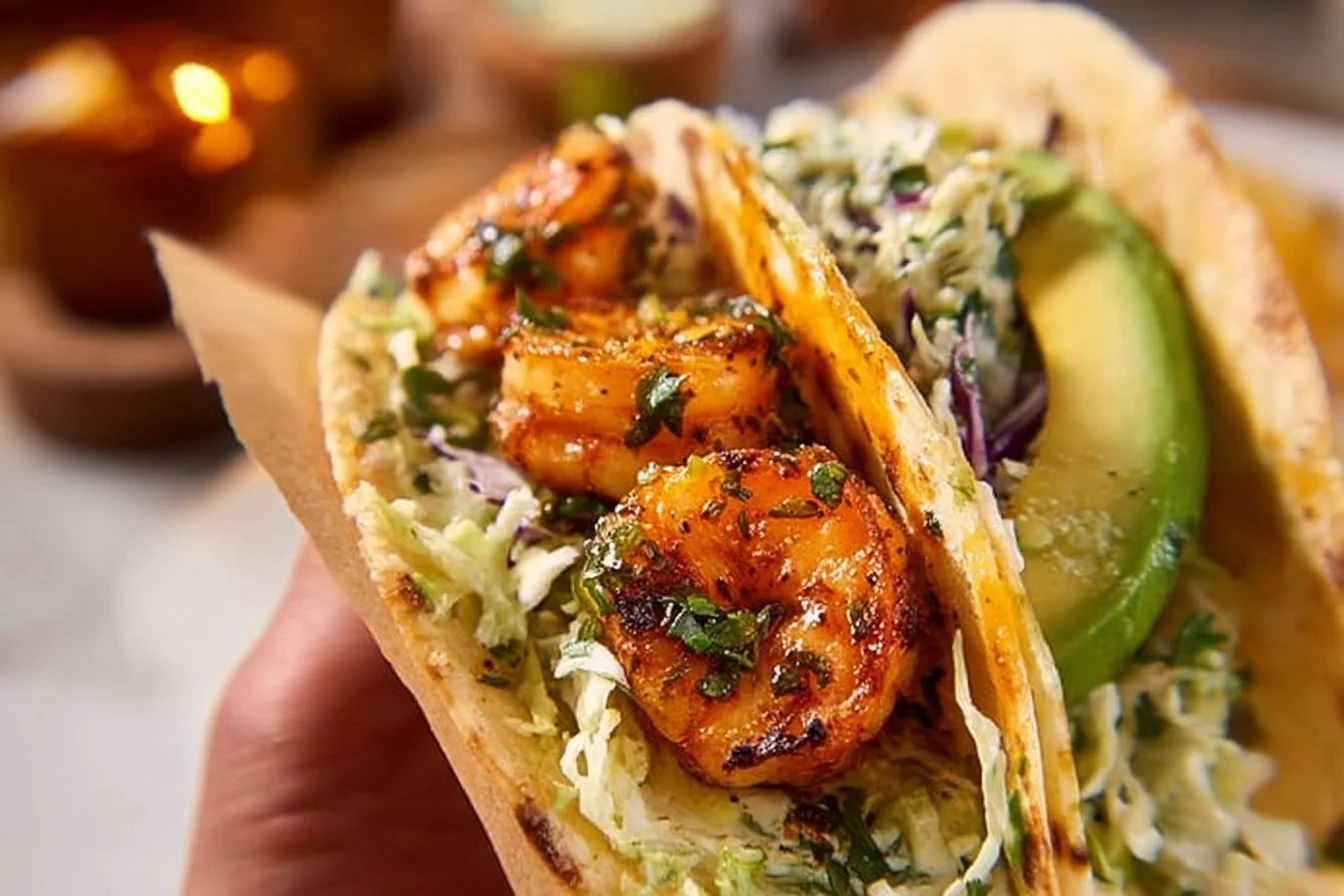 Cilantro Lime Shrimp Tacos served with creamy slaw on a plate