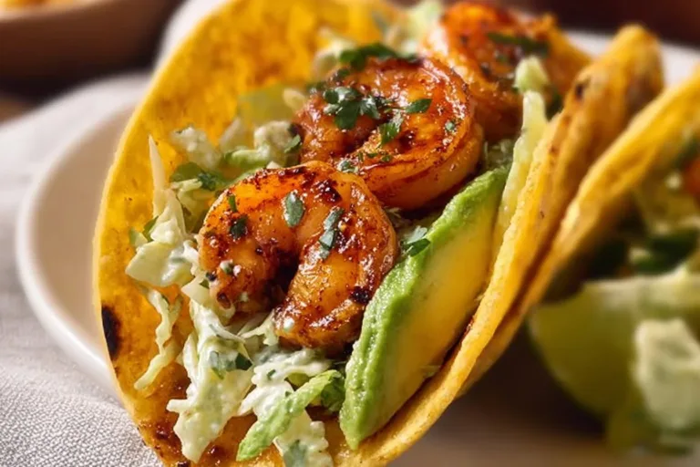 Cilantro Lime Shrimp Tacos served with creamy slaw on a wooden plate