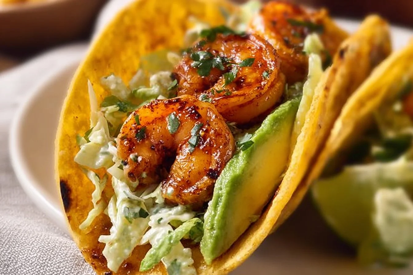 Cilantro Lime Shrimp Tacos served with creamy slaw on a wooden plate